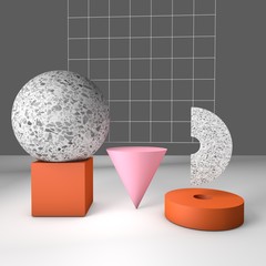 3d rendering, realistic background, abstract composition, geometric shapes for product presentation or mockup, terrazzo, pink, orange and gray
