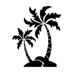 Fototapeta premium Palm trees silhouette on the island. Black vector illustration isolated on white background. Tropical exotic plant on the beach. For summer poster, banner, brochure design.