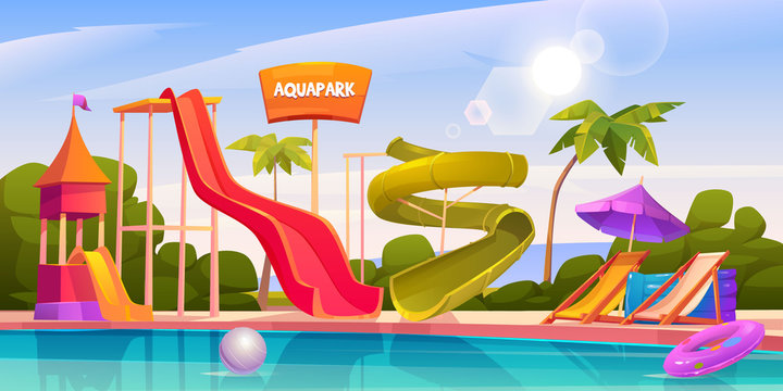 Aqua park with water slides, swimming pool, palms and lounger. Vector cartoon illustration of resort aquapark on sea beach with colorful spiral pipe and small kids waterslides