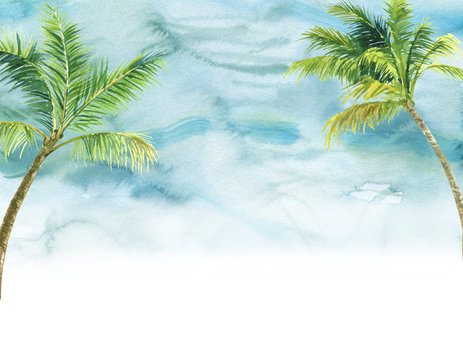 finished image of two palm trees on a blue background, watercolor