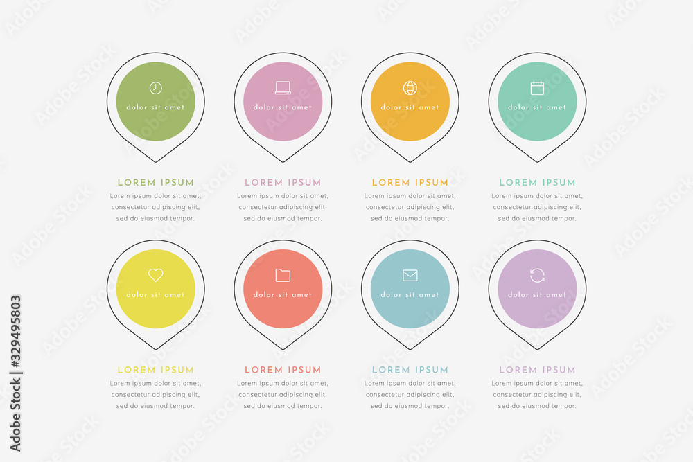 Aufkleber vector timeline infographic with 8 pointers, steps or processes. colorful template design.