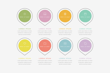 Vector timeline infographic with 8 pointers, steps or processes. Colorful template design.