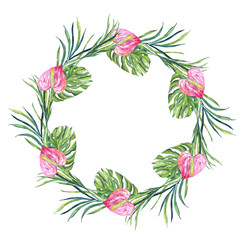 finished image of a wreath of green palm leaves and pink Anthurium flowers on a white background, watercolor