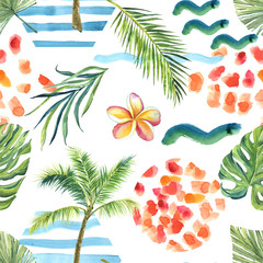 Fototapeta na wymiar finished image of a seamless pattern, palm trees, green circle, palm branch, orange spots, blue waves on a white background, watercolor.