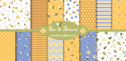 Stoffe zum Nähen Bee seamless pattern collection Summer set Cute flying bees flowers honey geometric baby print Vector