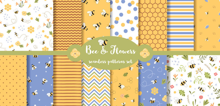 Bee seamless pattern collection Summer set Cute flying bees flowers honey geometric baby print Vector
