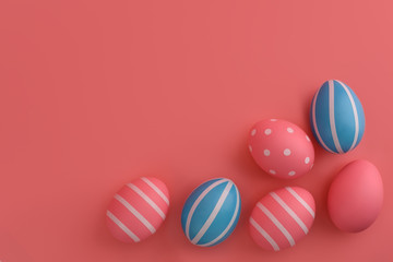 Blue and pink Easter eggs on a pink background. White stripes on Eggs . Happy Easter card. Copy space, top view, colourful image. 