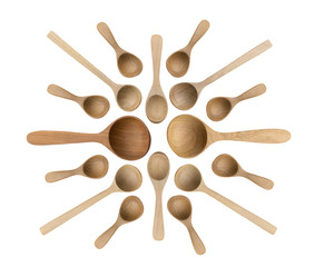 Handcraft wooden spoon or handmade wooden spoon isolated on white background. Eco kitchen utensil concepts. Top view.