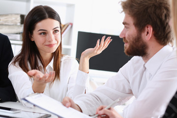 Group of people deliberate on white board problem in office closeup. Graph consult idea participate...