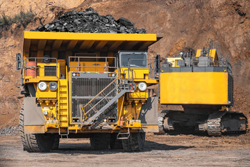 Open pit mine industry, big yellow mining truck for coal anthracite