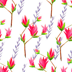 Hand painted watercolor floral background.   Spring seamless pattern with crocus, primrose, daffodils, snowdrops, dandelions, muscari, magnolia, buttercups, tulips.