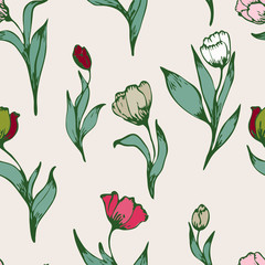 Multi-colored flowers and leaves of tulips on a light beige, peach background. Floral seamless pattern.