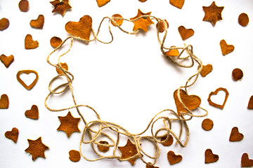 frame from decorative elements for Christmas on a white background. top view, flat lay, background with blank space for text