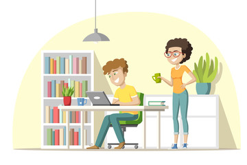 Young Team works in the office. Concept for workspace, web, background and templates. Vector illustration with separate layers.