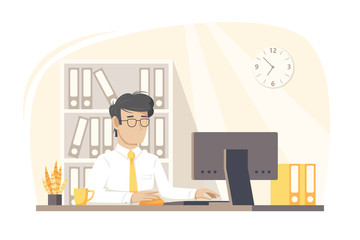 Young man works in the office. Concept for workspace, web, background and templates. Vector illustration with separate layers.