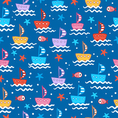 Seamless illustration with cute children s boats on a blue background. Vector pattern.