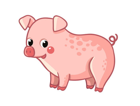 Cute pink pig stands on a white background. Vector illustration with farm animal.