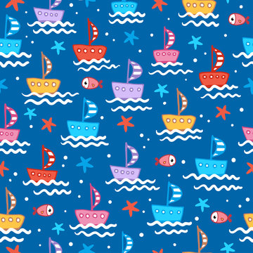 Seamless illustration with cute children s boats on a blue background. Vector pattern.