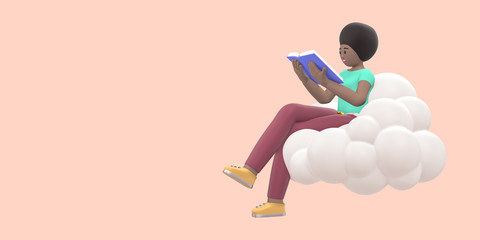 Literature fan a young african girl in the sky on a cloud is reading a book. Funny, abstract cartoon people on beige. 3D rendering.