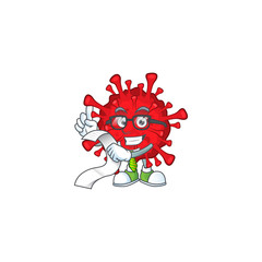 cartoon character of dangerous coronaviruses holding menu on his hand