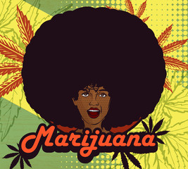 Afro hair styling woman smile with open mouth, Cannabis leafs on the backgound of label. Vintage comics style.