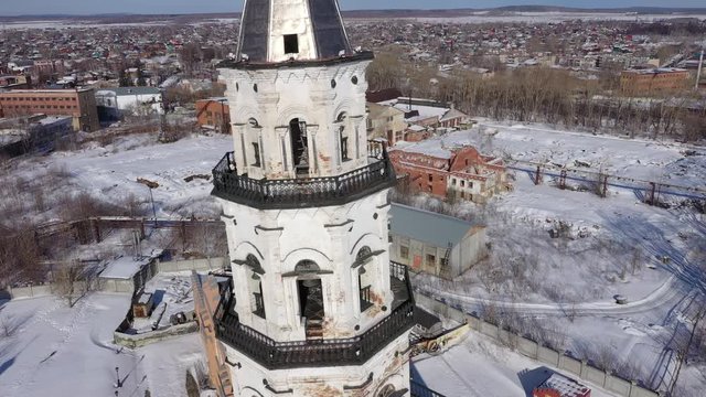 Flying over the Nevyansky inclined tower. City Nevyansk. Russia