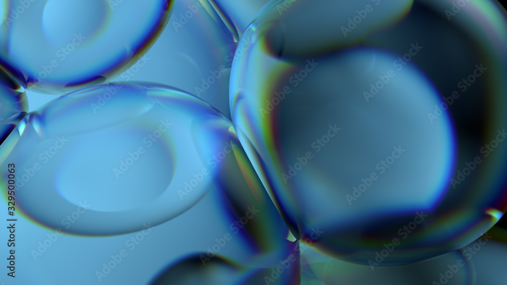 Poster beautiful 3d render of bubbles with abstract reflections. flow modern colors. smooth round shapes.