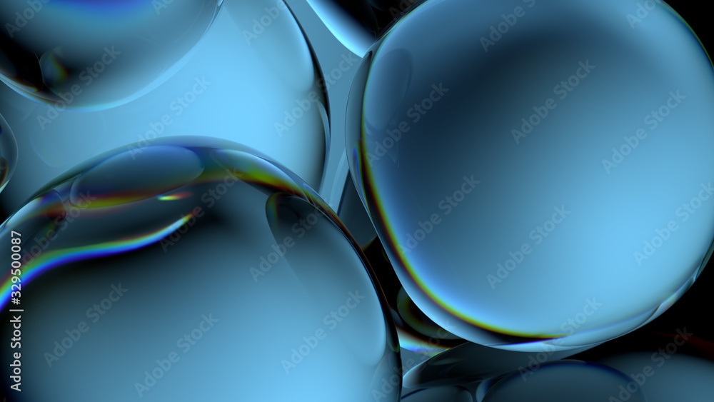 Poster beautiful 3d render of bubbles with abstract reflections. flow modern colors. smooth round shapes.