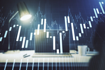 Abstract creative financial graph on modern laptop background, financial and trading concept. Multiexposure