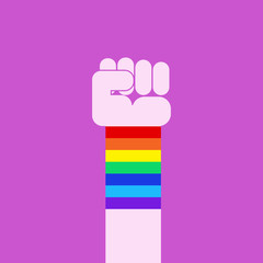 Hand fist raised up rainbow colors Lgbt. vector poster, symbol of protest purple background