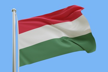 Flag of Hungary On Flagpole Waving in the Wind. Isolated On Blue Sky Background. 3D Rendering.