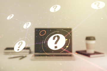 Double exposure of question mark hologram on laptop background. Sociology and psychology concept