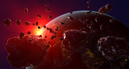 asteroid and swarm of meteorites flying towards Earth - artistic vision.3d illustration