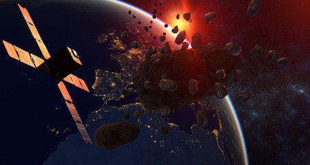 asteroid and a swarm of meteorites flying past the satellite - artistic vision.3d illustration