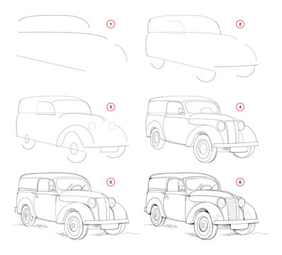 How to draw step by step sketch of imaginary cute antique car. Creation pencil drawing. Educational page for artists. Textbook for developing artistic skills. Hand-drawn vector by graphic tablet.