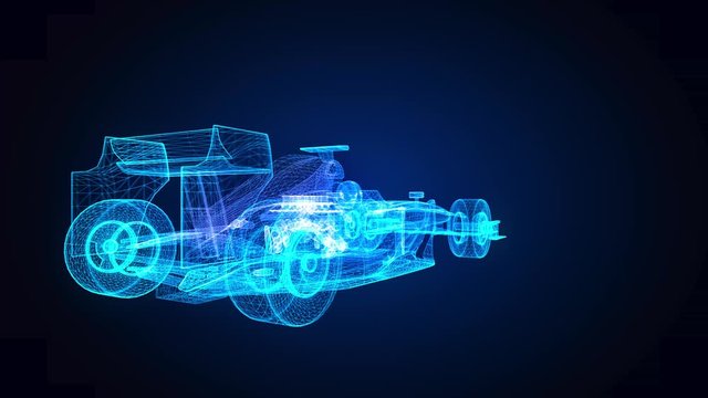 Glowing blue line formation of Formula one 3d model. Motion animation in 3d virtual space. 4k UHD 3840x2160.