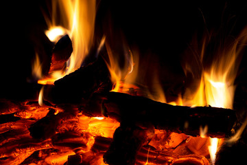 Burning wood logs in the fireplace close up. Barbeque fire. Charcoal and burning wood background. Fire background texture