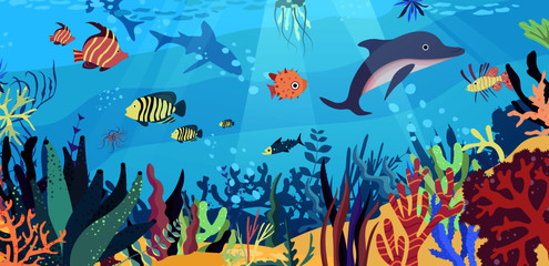 Underwater world in the ocean. Coral reef, fishes, medusa, undersea fauna of tropics.  Flat cartoon vector illustration.