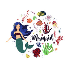 Mermaid text on textured background with mermaid, stars, fish. Vector illustration for clothing, greeting card, party, logo, badge, icon, card, invitation and banner template. Lettering typography.