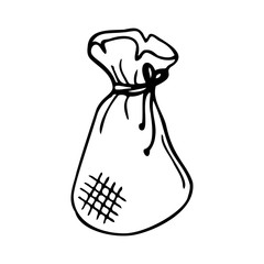 Hand drawn small bag, garden tools on a white isolated background. Doodle, simple outline illustration. It can be used for decoration of textile, paper.