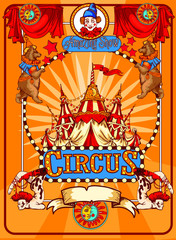 Amazing Vintage Circus Show Detailed poster. Colored Sketch composition. Circus red and white Circus Tent vector hand-drawn illustration. Retro style poster template.
