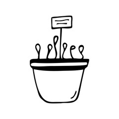 Hand drawn pot with sprouts on a white isolated background. Doodle, simple outline illustration. It can be used for decoration of textile, paper.