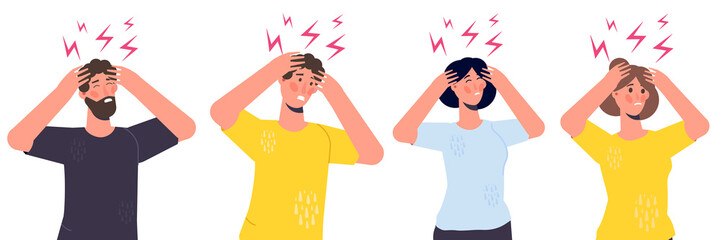 Fototapeta na wymiar Headache attack, compassion fatigue. Head pain vector illustration.