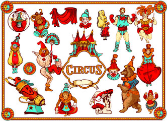 Fototapeta premium Vector retro circus colored hand-drawn icon set. Acrobat, clown, carnival show actors, monkeys, strong man. Retro circus collection of decorative figures. Cartoon style.