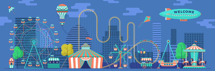 Amusement park panorama with various attractions. City area for recreation and entertainment. Vector flat illustration. - obrazy, fototapety, plakaty