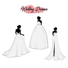 Fototapeta premium Monochrome Bridal Dress Boutique Logo Ideas Set, Fashion, Beautiful Bride, Vector Design Template