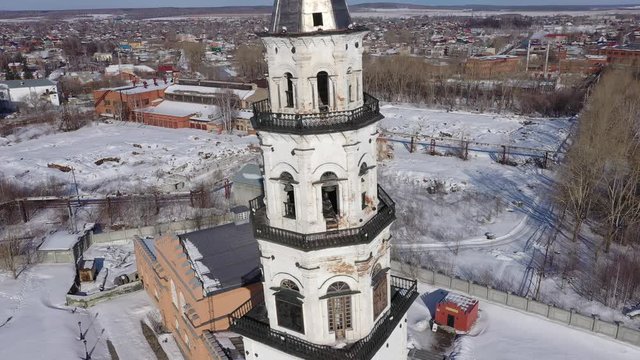Flying over the Nevyansky inclined tower. City Nevyansk. Russia