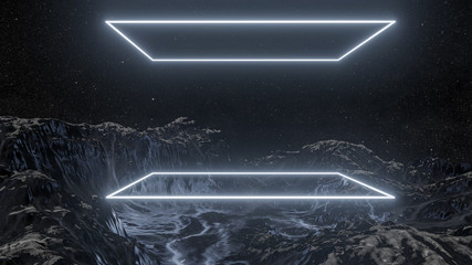 Glowing rectangle, mountains and night starry sky