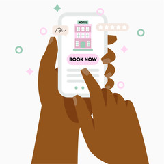 Online booking app, book a hotel concept illustration. Hand holding smartphone with book now button. Flat style illustration.