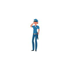 A police officer in a blue uniform is standing with a phone. Vector illustration on a white background.